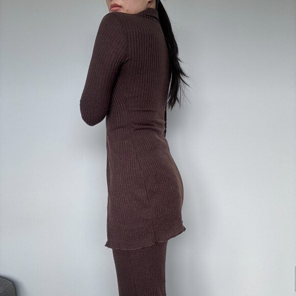 Set Brown Button Up Long Sleeves and High Waist Pants Two Piece Lounge Set - Picture 3 of 8